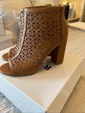 Report Tan Laser-Cut Peep Toe Block Heel Booties
